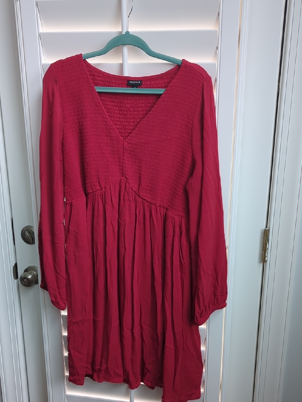 torrid Cranberry Smocked V-Neck Long Sleeve Dress with pockets
